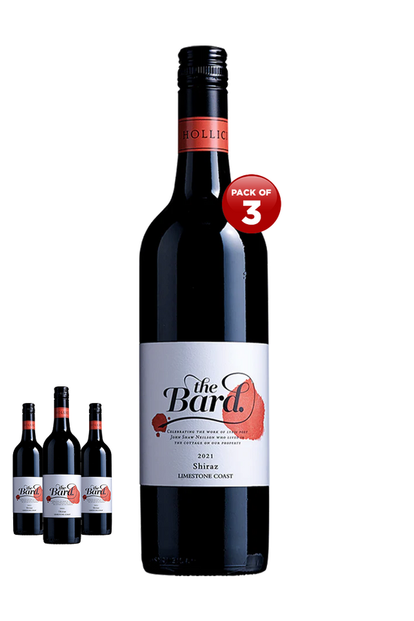 Hollick The Bard Shiraz 2021 Australian Shiraz red wine pack of 3 x 750ml glass bottles