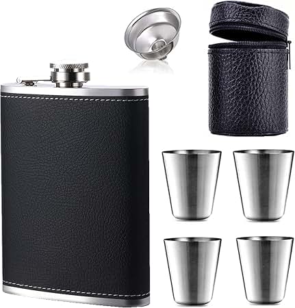 Stainless Steel Flask Set with 4 Cups & Funnel, Portable Drinking Flask with Leather Storage Case