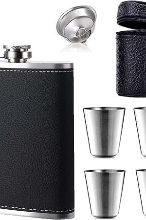 Stainless Steel Flask Set with 4 Cups & Funnel, Portable Drinking Flask with Leather Storage Case