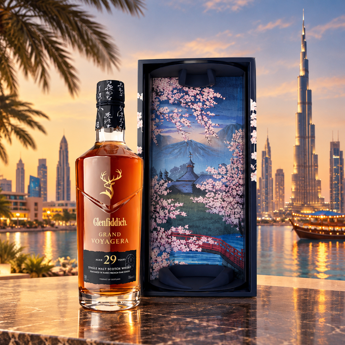 Premium bottles of whisky, champagne, vodka, rosé wine and beer with the Abu Dhabi waterfront skyline