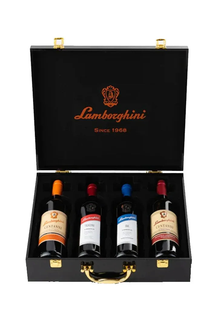 Lamborghini Black Wooden Box With 4 Red Wine 75cl