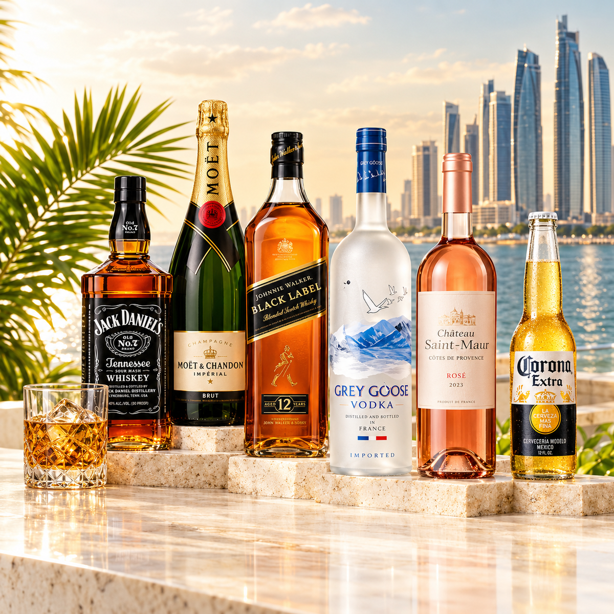 Premium drinks bottles with the Abu Dhabi waterfront skyline