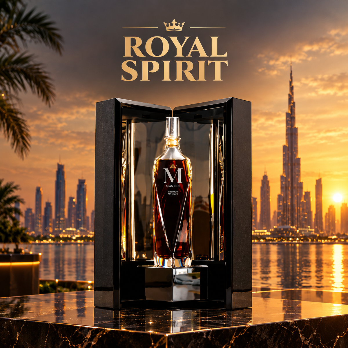 Premium bottles of whisky, champagne, vodka, rosé wine and beer with the Abu Dhabi waterfront skyline