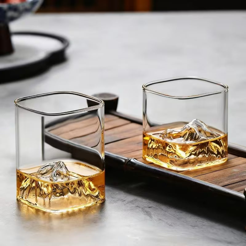 Modern 3D Mountain-Themed Glass Cups, Elegant Tumblers for Whiskey, Coffee & Water, 4pcs
