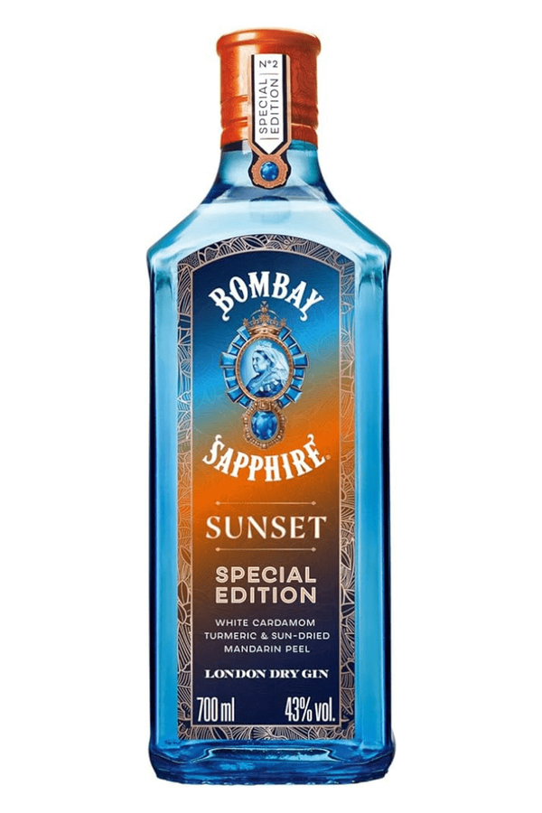 Bombay Sapphire Sunset spiced gin 700ml bottle with golden tint
