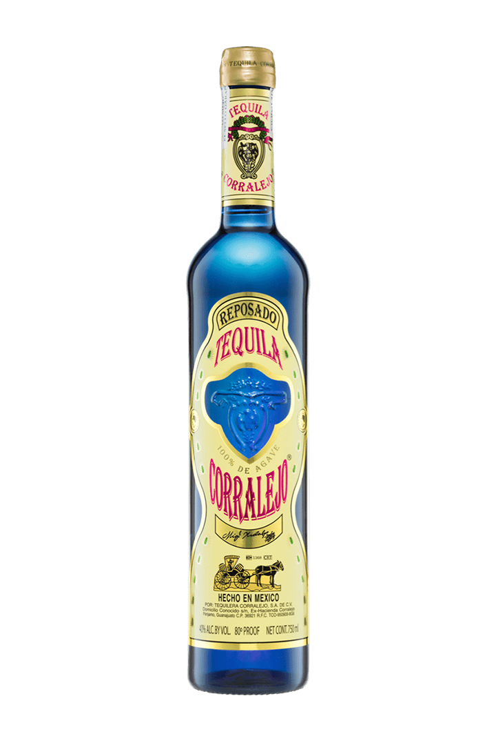 Corralejo Reposado Mexican tequila 750ml tall blue glass bottle