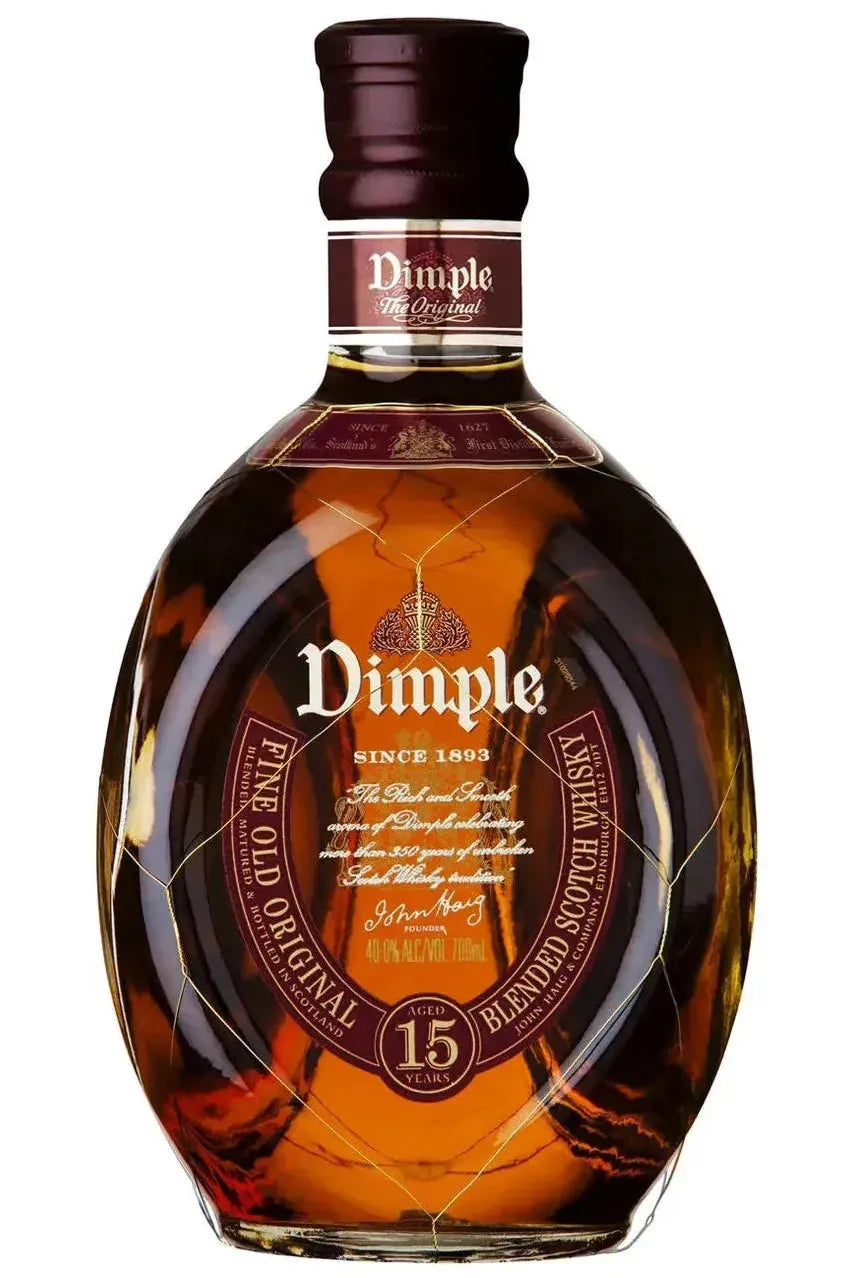 Dimple 15 year old blended Scotch whisky 1 litre pinched bottle with wire netting