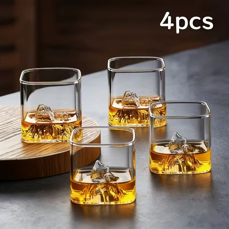 Modern 3D Mountain-Themed Glass Cups, Elegant Tumblers for Whiskey, Coffee & Water, 4pcs