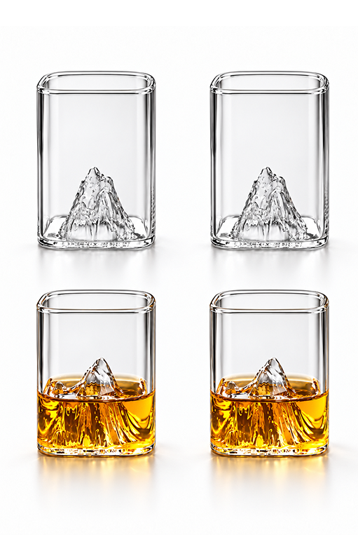 Modern 3D Mountain-Themed Glass Cups, Elegant Tumblers for Whiskey, Coffee & Water, 4pcs
